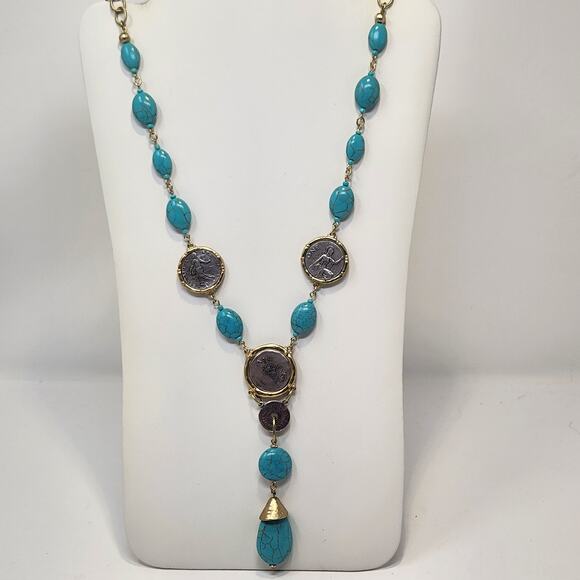 Chicos Faux Turquoise Coin Accent Long Necklace Two Tone Metal Y Drop Jewelry - Picture 1 of 6